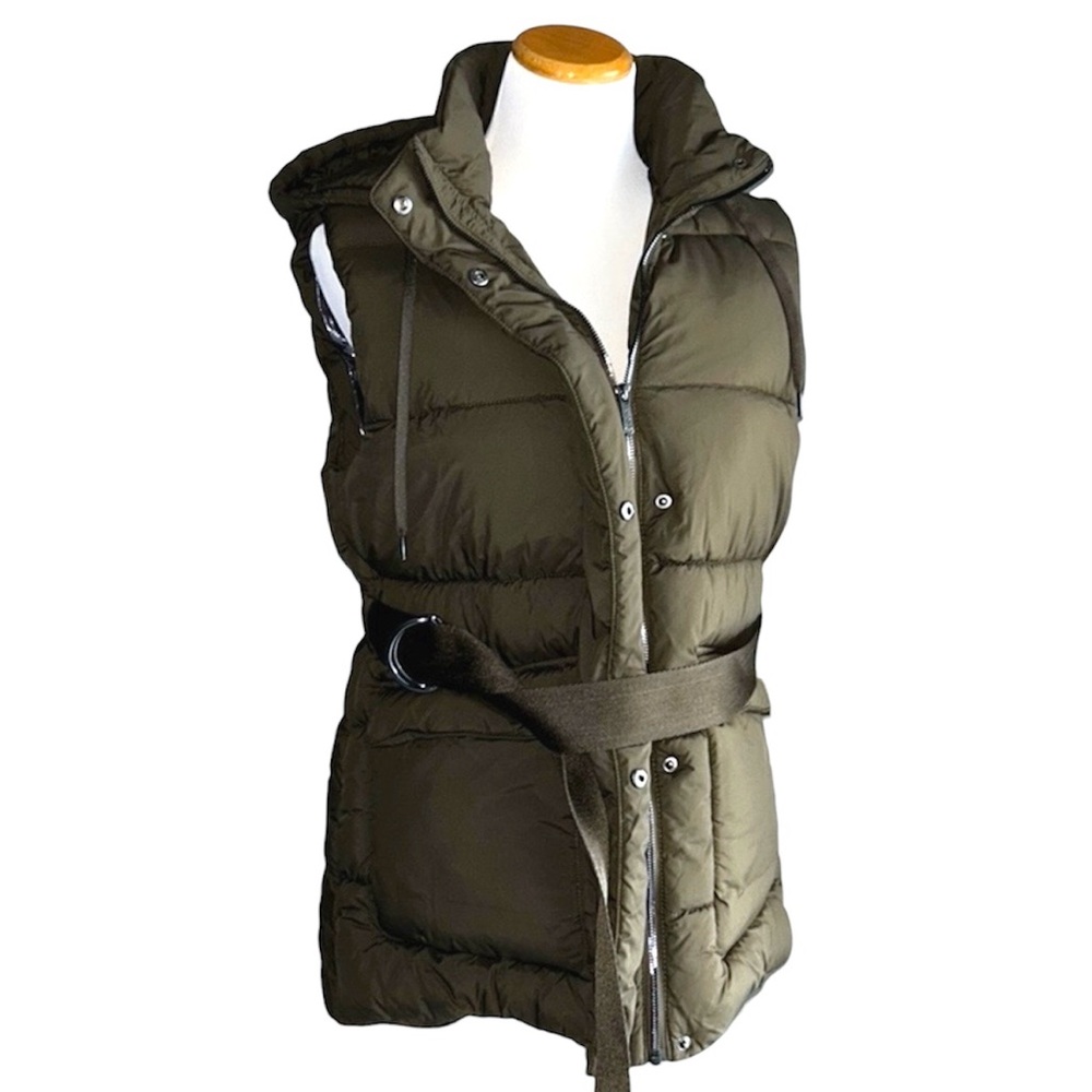 Zella Longline Hooded Zip Up Belted Puffer Vest Olive Green Women’s Sz XXS - Picture 3 of 14